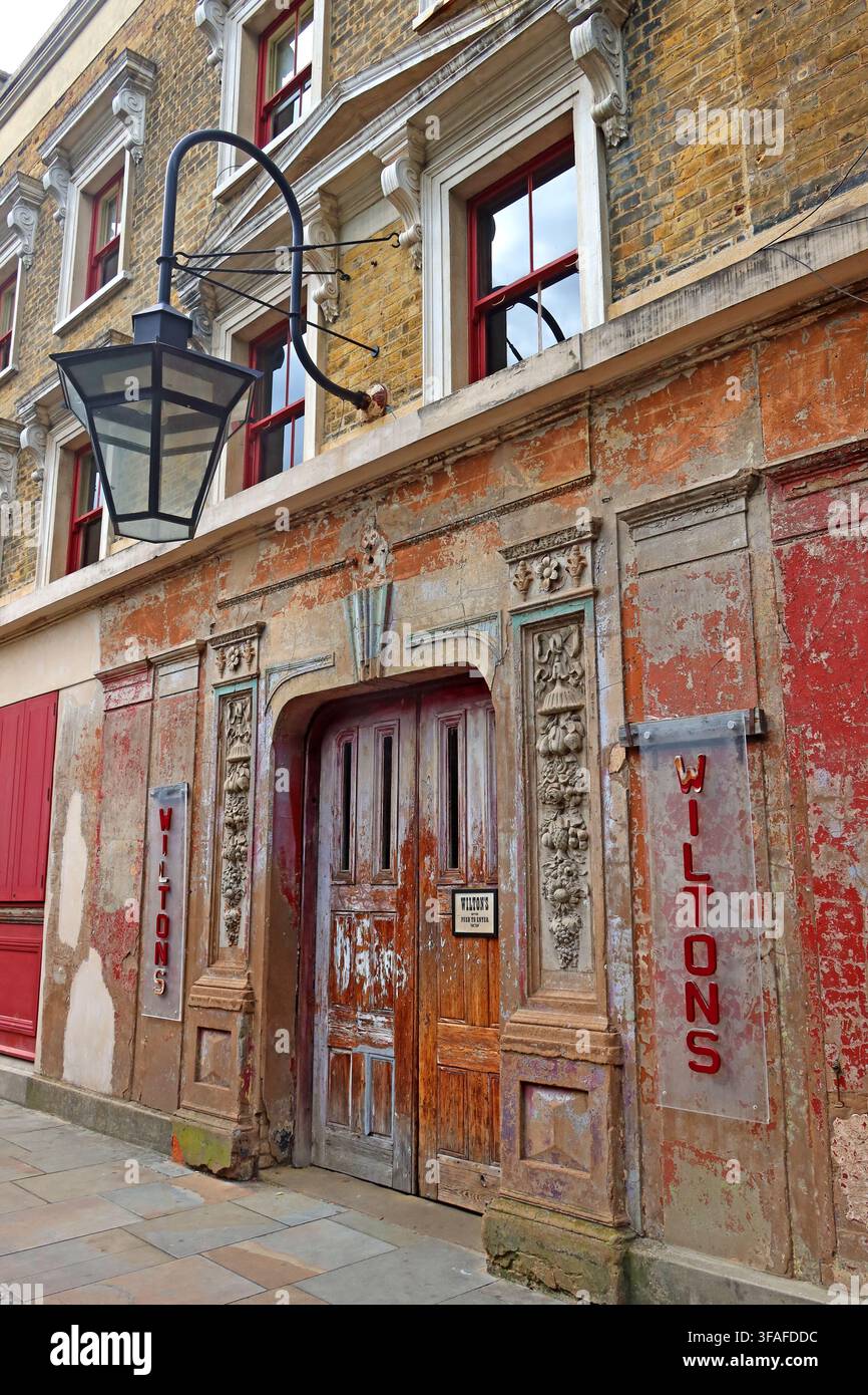 Oblique street view of the historic Wilton's Music Hall entrance in Graces Alley, Tower Hamlets, East London, England, UK. Stock Photo