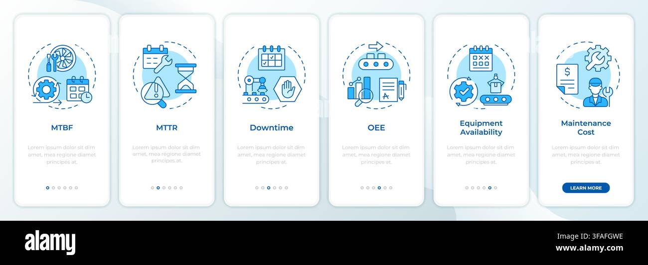 Maintenance benchmark metrics onboarding mobile app screen Stock Vector