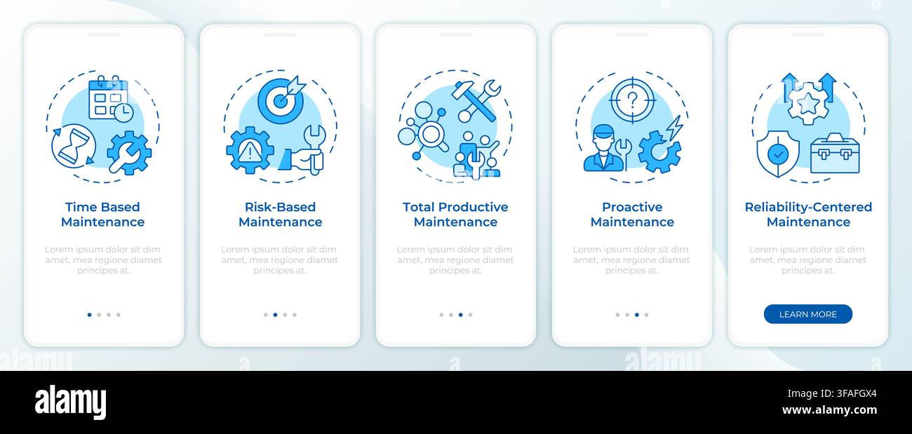 Maintenance execution strategies onboarding mobile app screen Stock Vector