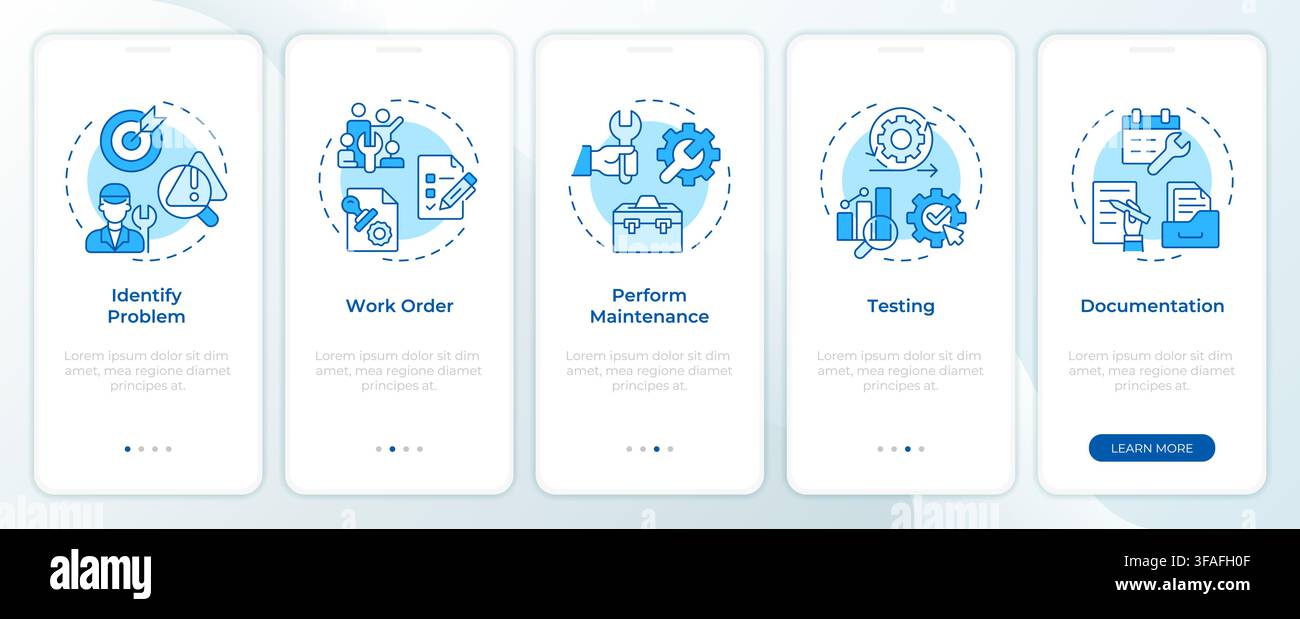 Maintenance execution workflow onboarding mobile app screen Stock Vector