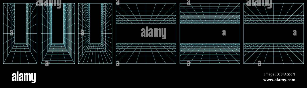 Arcade grid bg for ai lab. 3D game linear infographics. Cosmic metaverse space, isometric industry pattern. Simple retro cyberpunk floor. Square wire Stock Vector