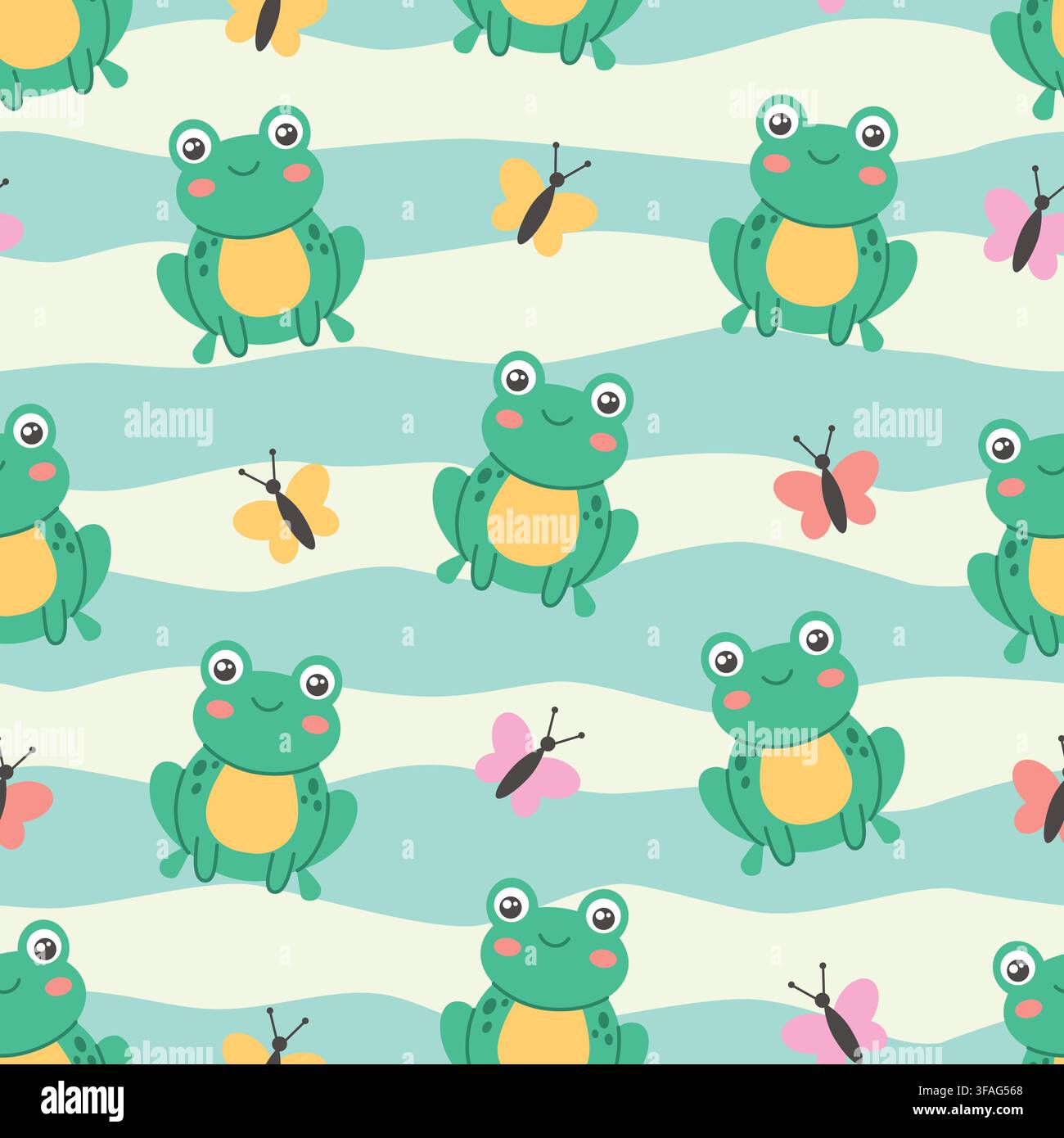 Seamless striped pattern with cute frogs and butterflies Stock Vector