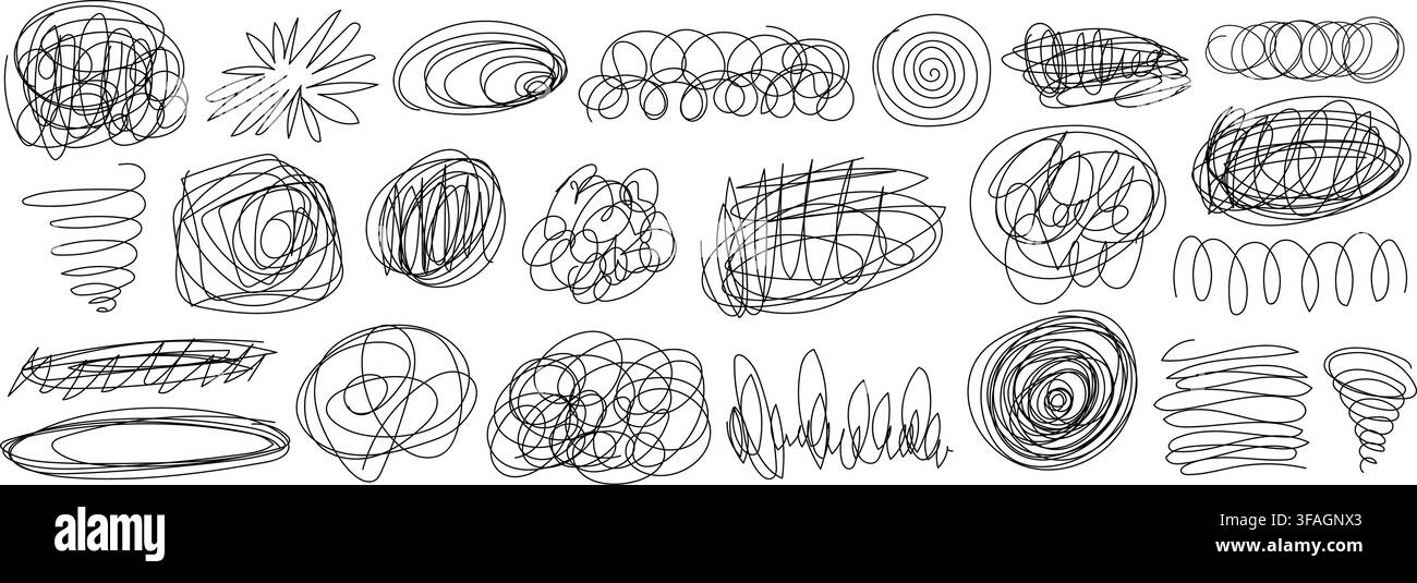 Messy pen doodles and scribbles create chaotic hand-drawn lines vector illustration set. Stock Vector