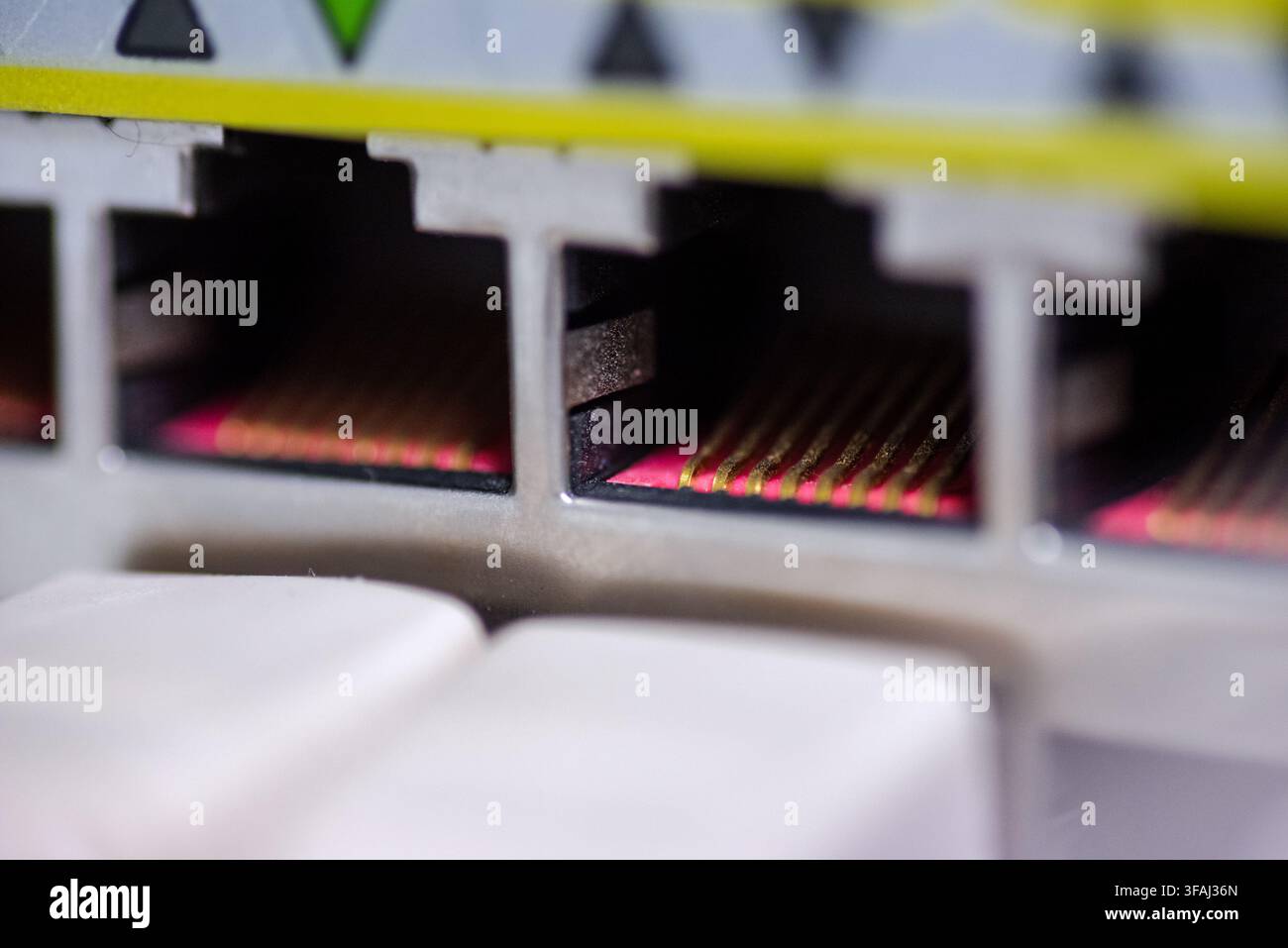 Extreme macro shot of the golden contact pins inside an empty RJ45 ethernet port on a network switch. Stock Photo