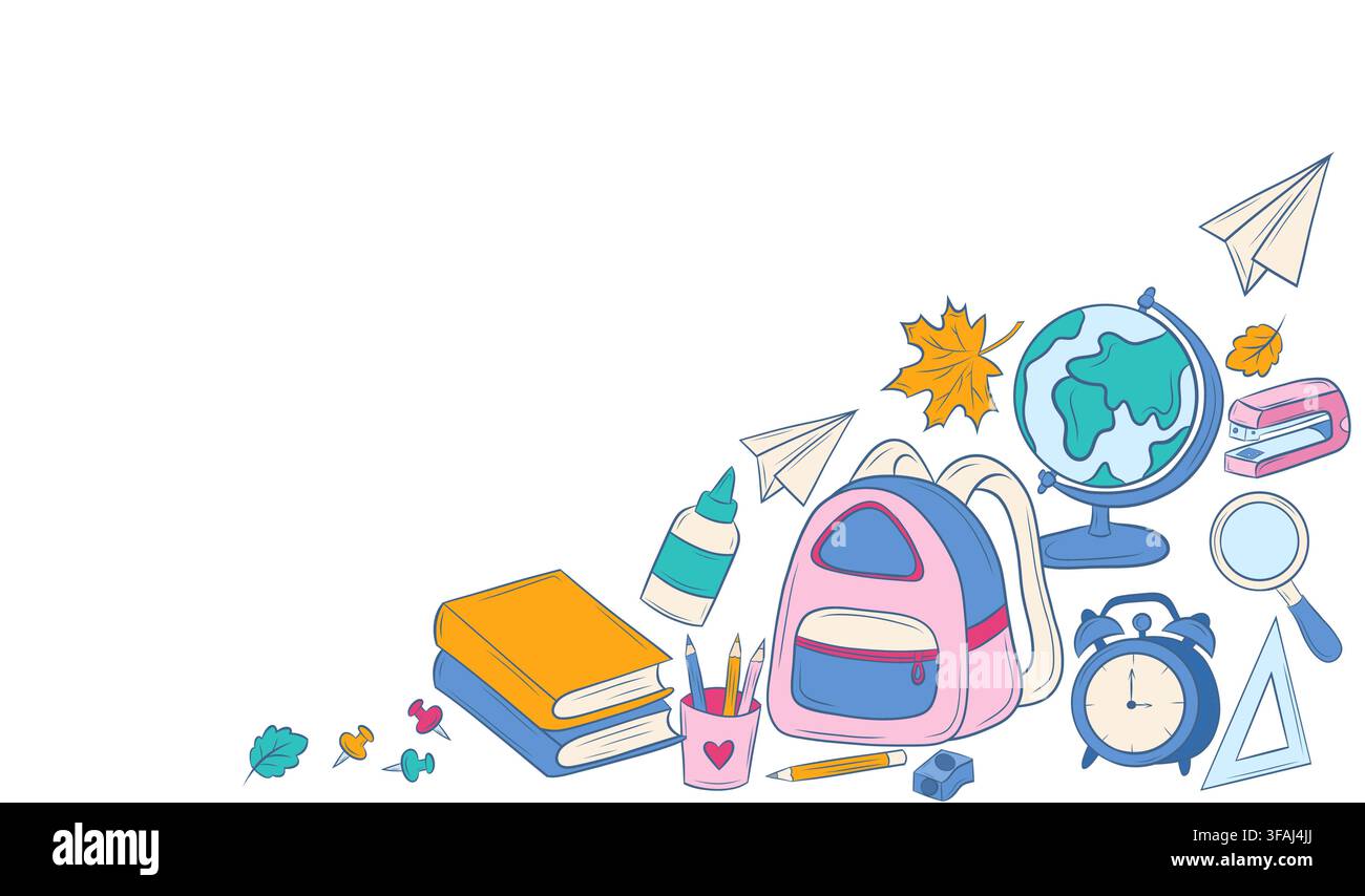 Vector school supplies composition with copy space Stock Vector
