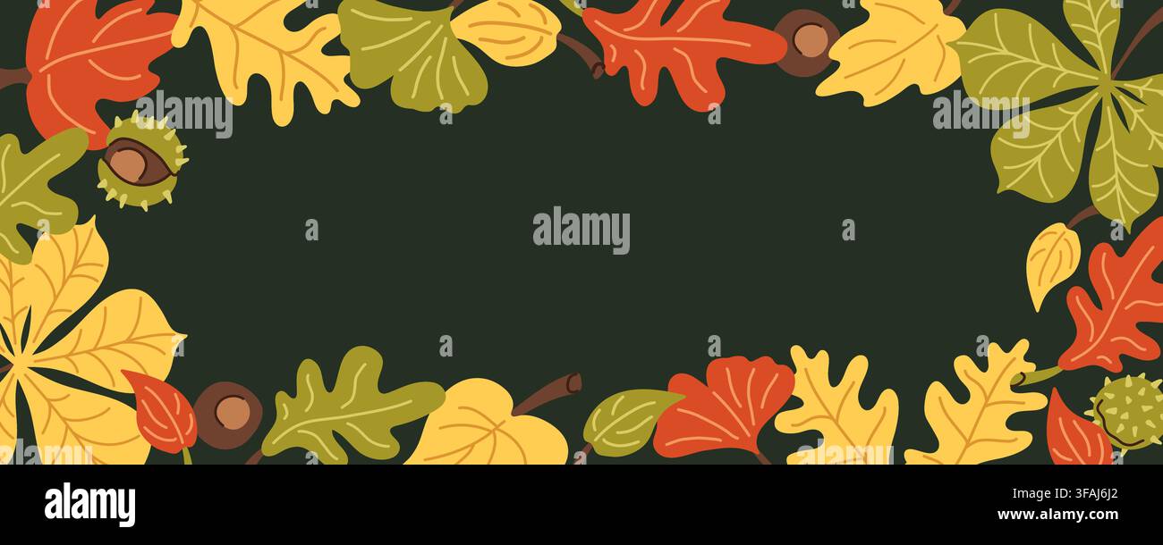 Autumn leaves and chestnuts flat vector frame for banner design Stock Vector