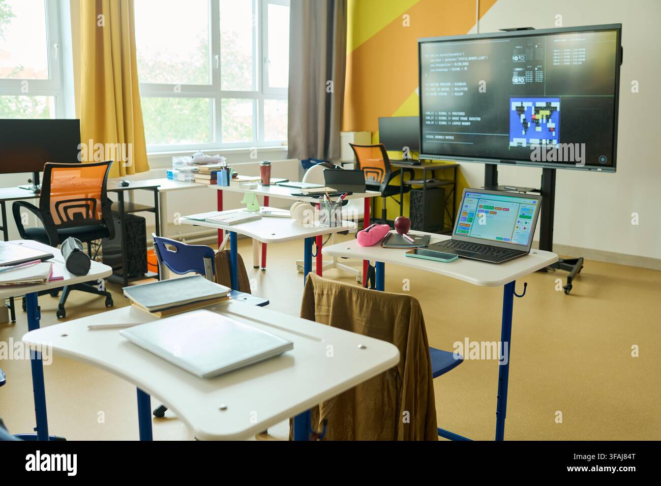 Empty Modern Classroom Equipped for Coding and Stem Education Stock Photo