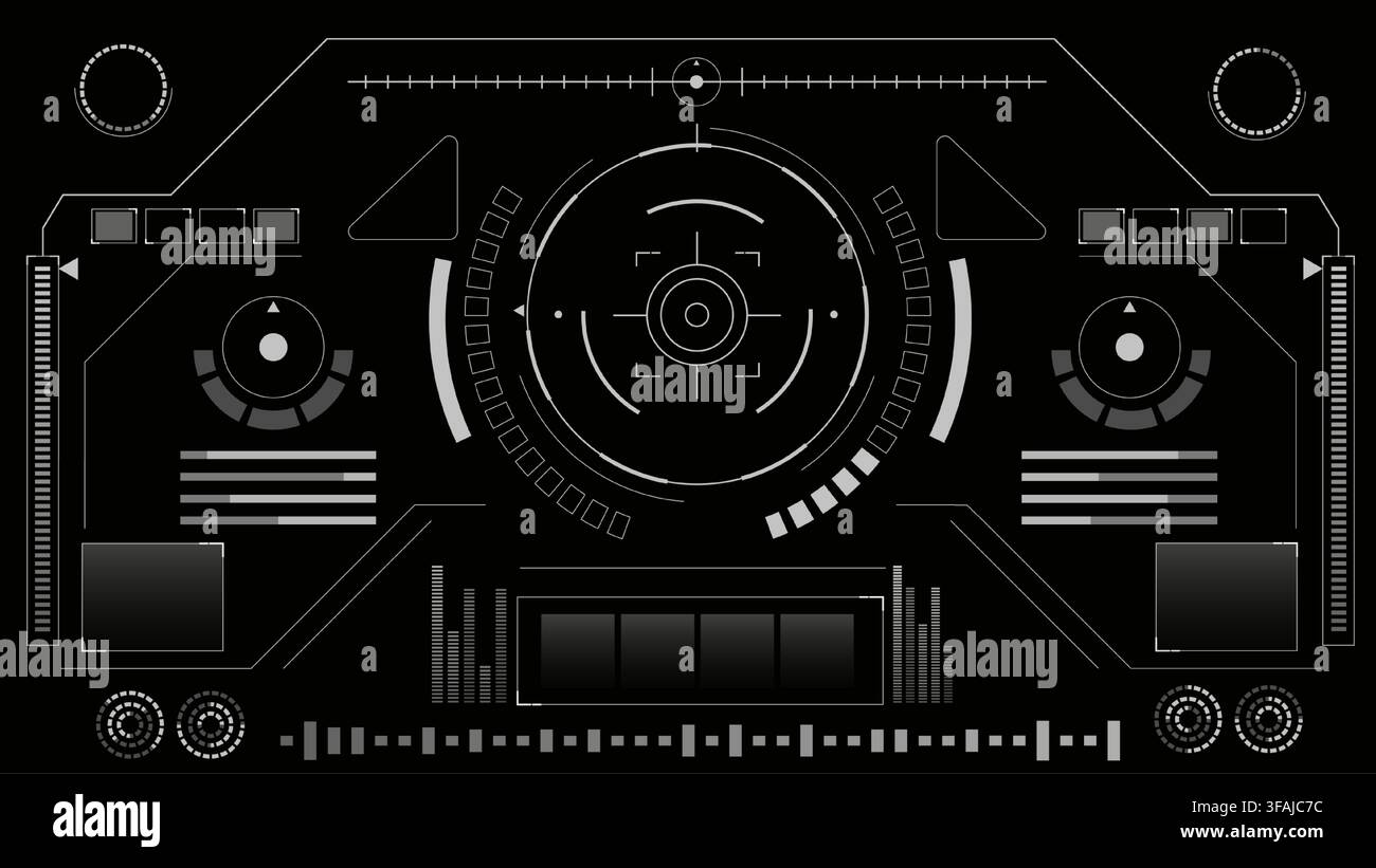 Realistic spaceship control dashboard ui with holographic tech frames, military targeting system, futuristic hud interface elements on black background, vector illustration of game panel design Stock Vector