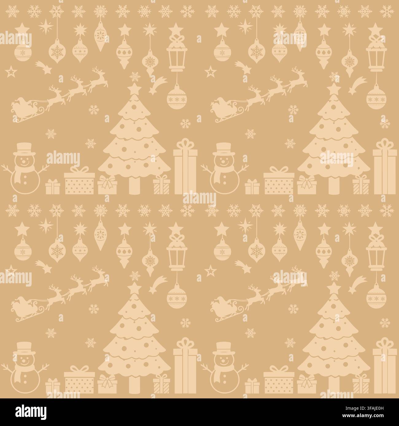 Cozy seamless pattern with Christmas tree, presents, snowman and festive elements. Stock Vector