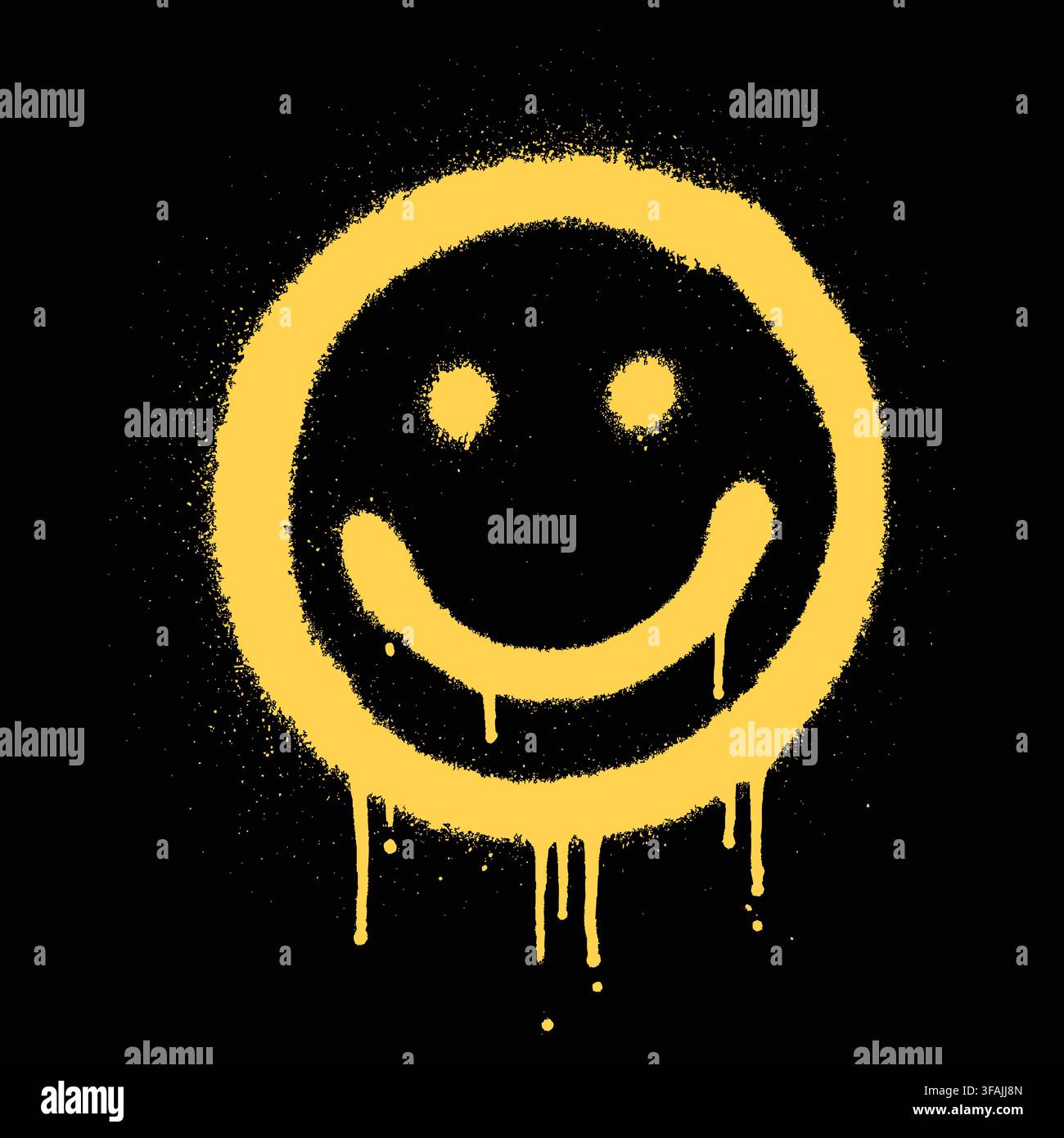 Yellow Spray Paint Smiley Face with Drips – Grunge Graffiti Happy Icon Stock Vector
