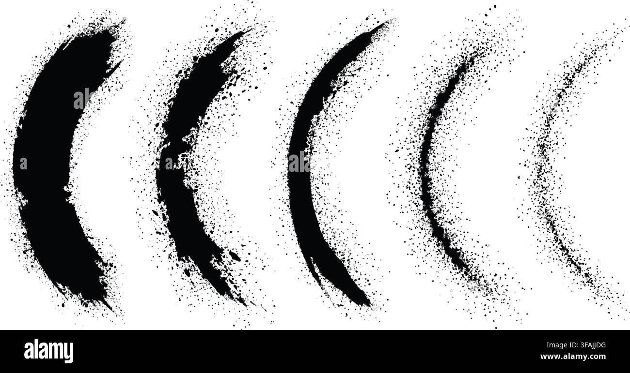 Black Spray Paint Curved Bracket Set – Grunge Crescent Texture Shapes Stock Vector