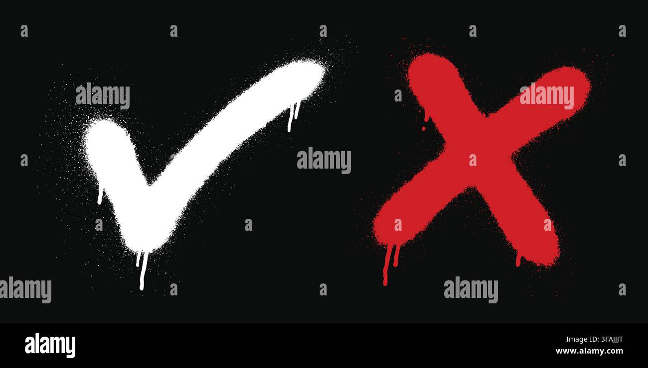 Spray Paint Check Mark and X Cross Icons – Grunge Graffiti Symbols Stock Vector