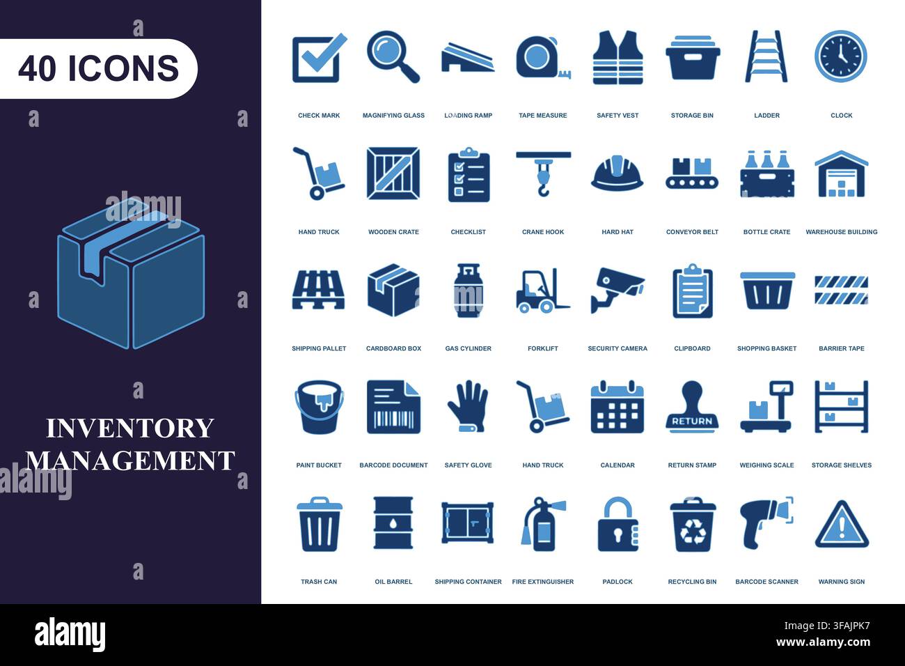 Blue inventory management icon collection. Stock Vector