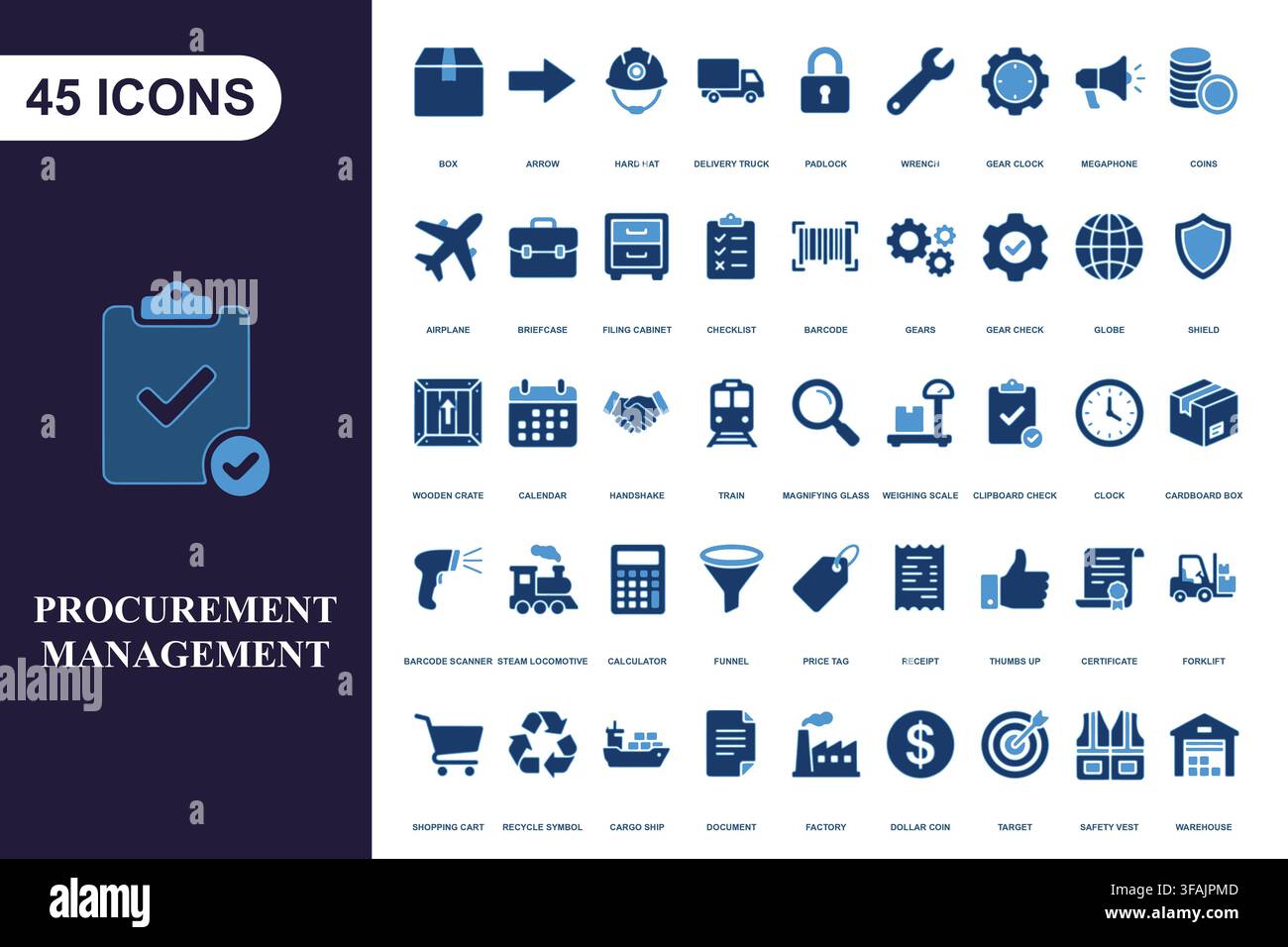 Blue procurement management icon collection. Stock Vector