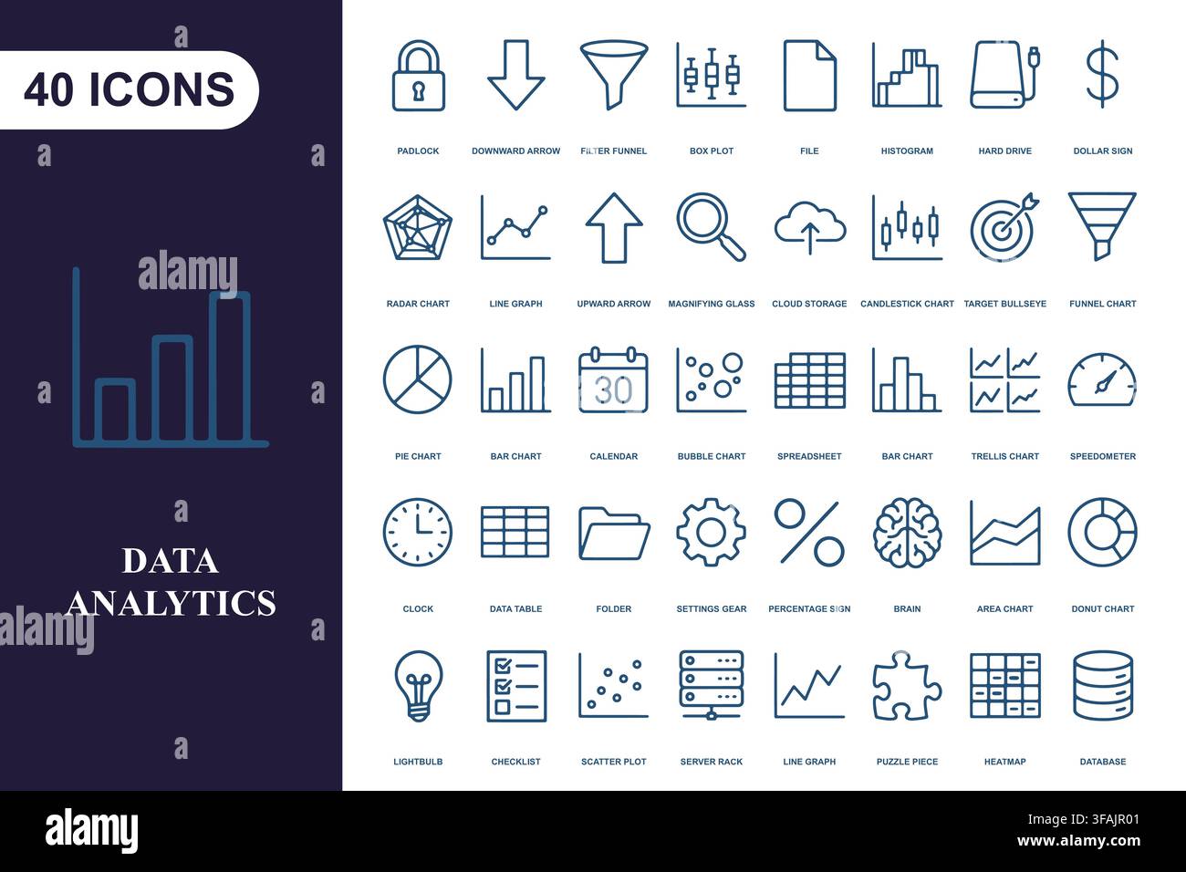 Professional data analytics line icon set. Stock Vector