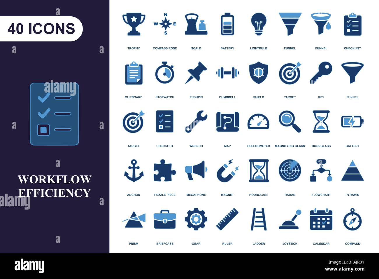 Blue business icons for workflow management. Stock Vector