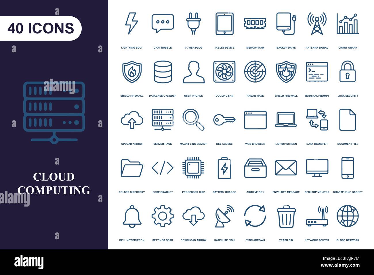 Set of 40 linear technology and cloud icons. Stock Vector