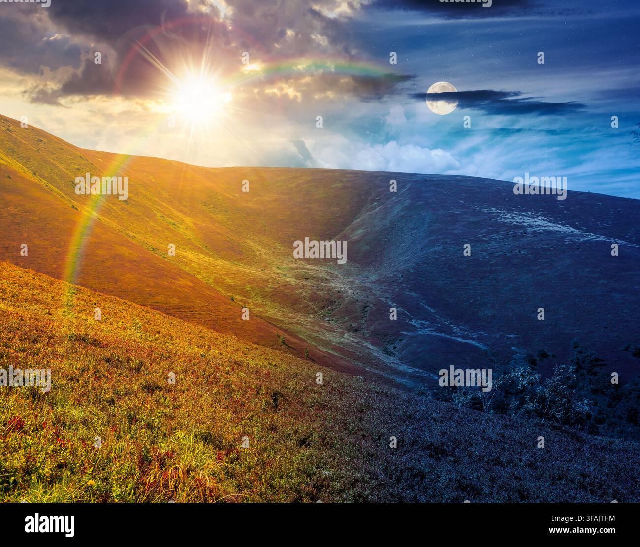 carpathian mountain landscape. travel ukraine on summer solstice. slopes mountain ridge in august at twilight. wonderful carpathian adventure with sun Stock Photo