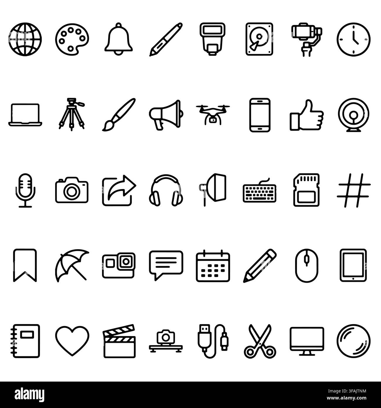 A collection of thin line icons featuring digital devices, creative tools, and media equipment for web design. Stock Vector