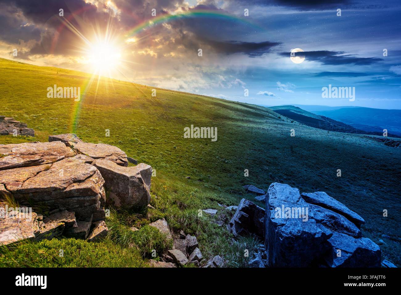 carpathian mountain landscape on summer solstice. amazing background for outdoor adventure at twilight. transcarpathia green hill with rocks. day and Stock Photo