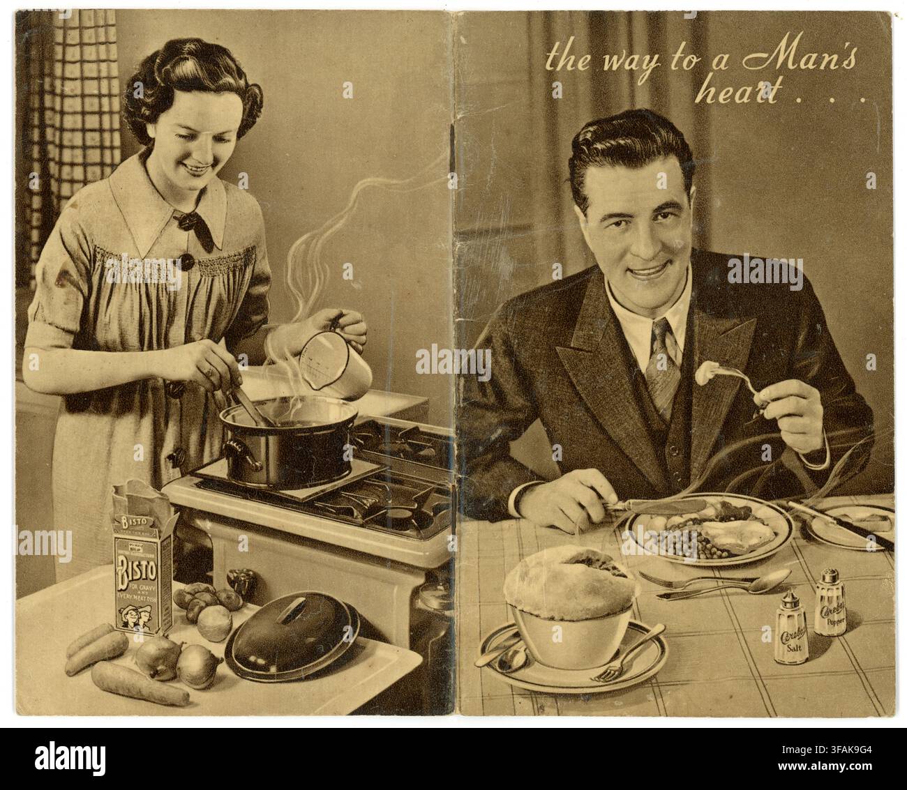 Vintage 1930s cover Bisto (gravy powder) promotional recipe booklet. 1930's household, households, housewife, man, woman gender roles. Circa 1933, UK Stock Photo