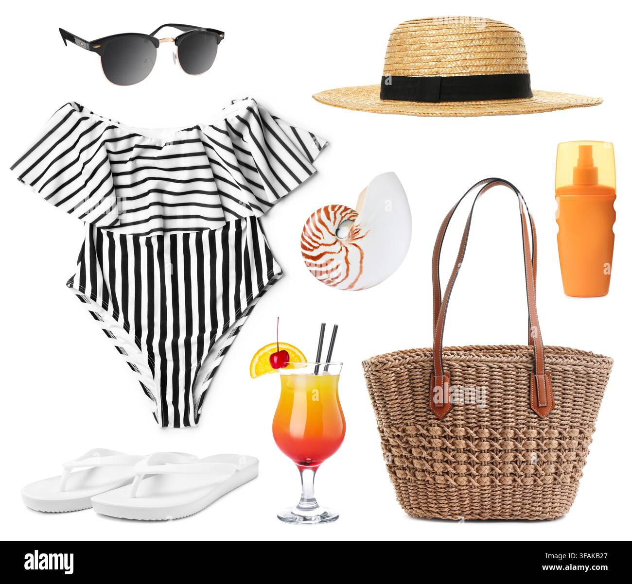 Beach items and refreshing cocktail isolated on white, set Stock Photo