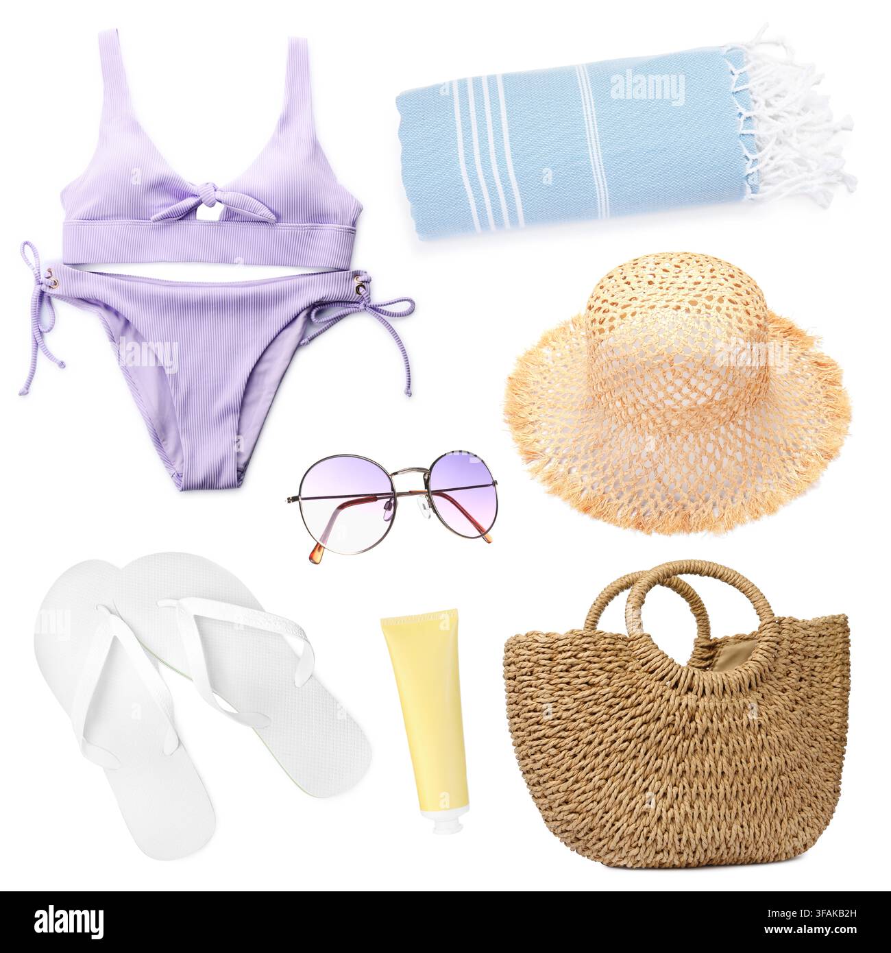 Set of different beach items isolated on white Stock Photo