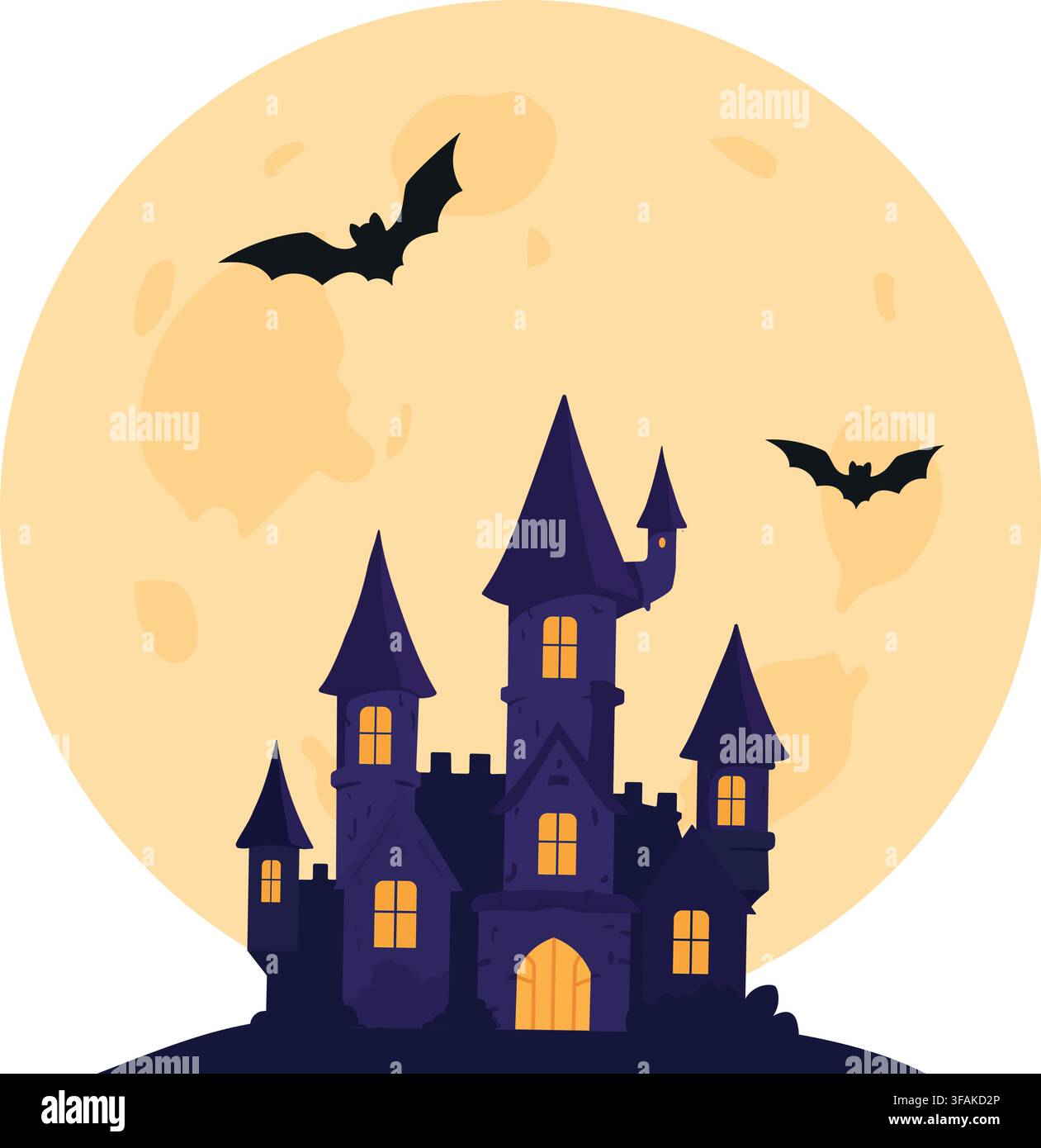 Halloween Haunted Castle with Full Moon and Flying Bats Stock Vector
