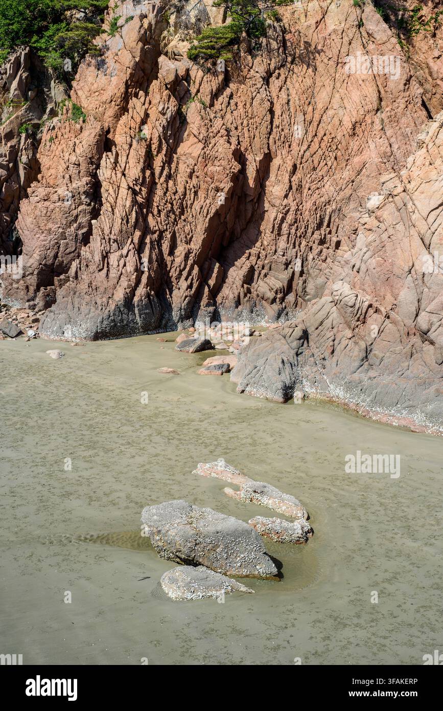 Coastal landscape dominated by a massive, rugged cliff face that rises steeply from a murky estuary. The composition features detailed Stock Photo