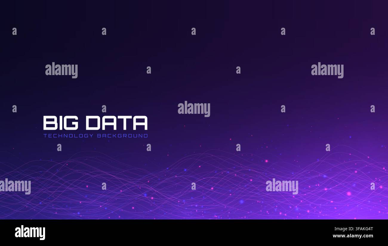 Big data technology background. Glowing network waves with digital particles. Futuristic dynamic flow. Bright data design for science, analytics, AI Stock Vector