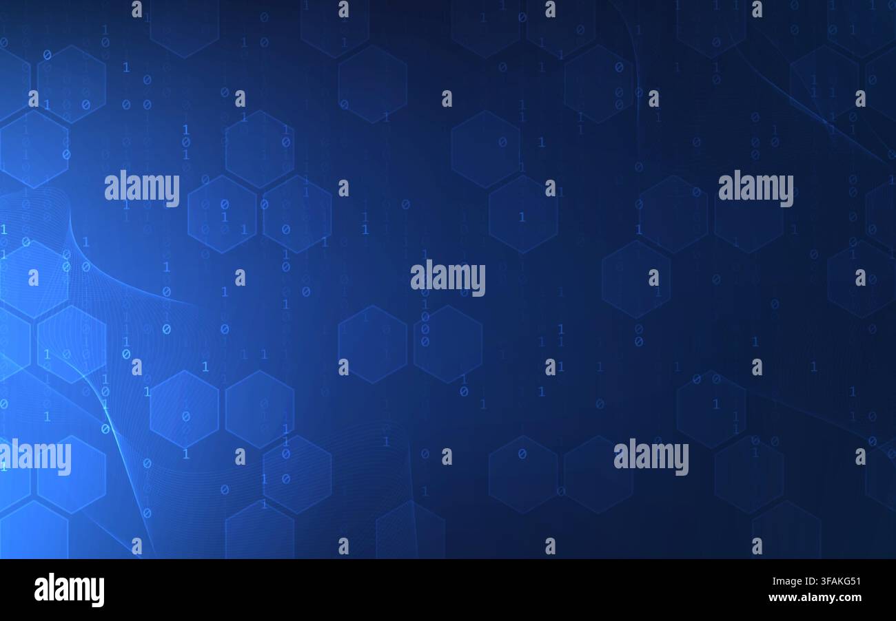 Technology abstract background. Blue digital waves with binary code. Hexagon shapes and glowing network lines. Futuristic design for cybersecurity Stock Vector