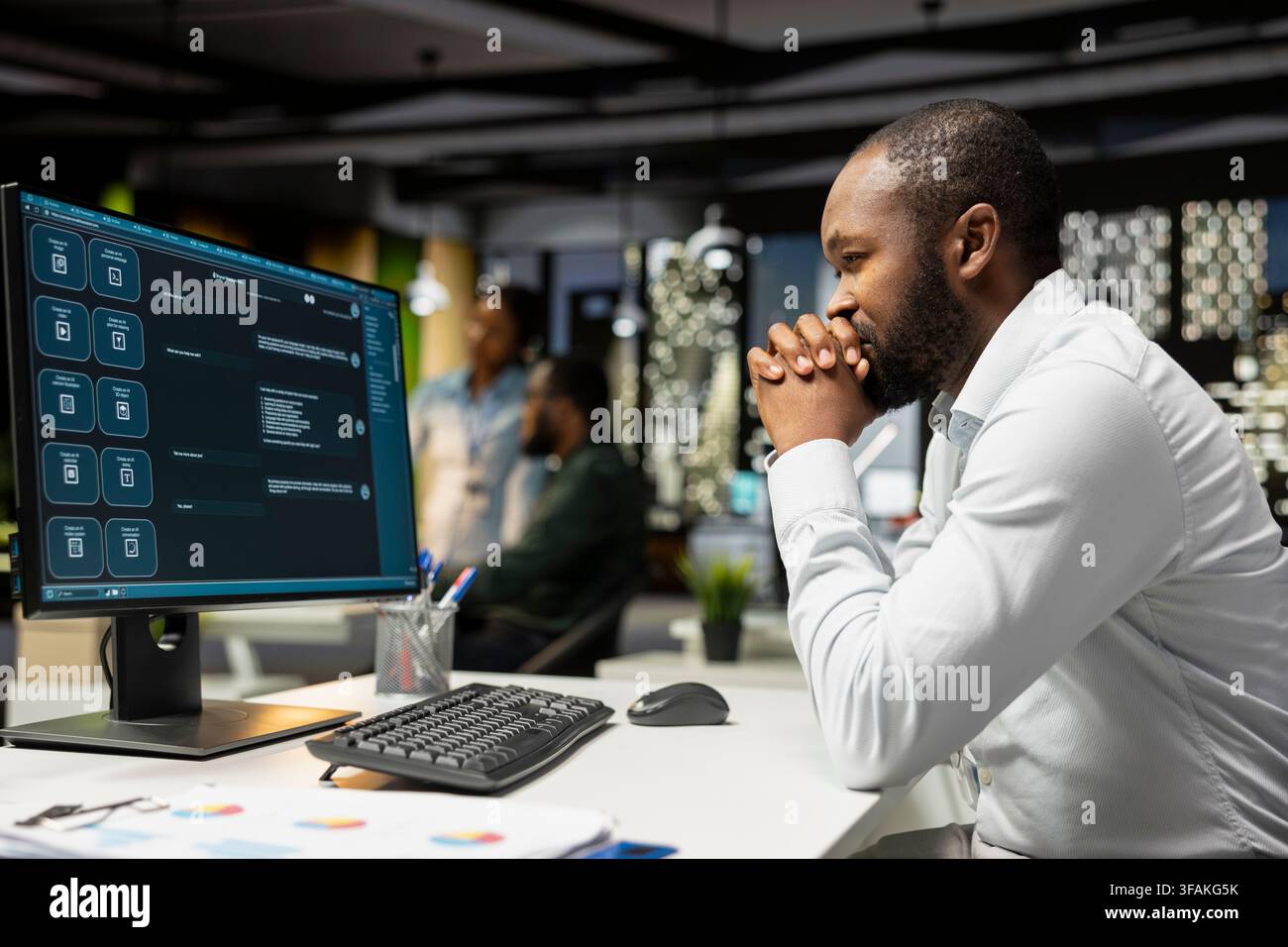 African american expert programming software code on desktop pc, using coding language for debugging tasks. Workspace with modern tech helps with engineering and web development. Stock Photo
