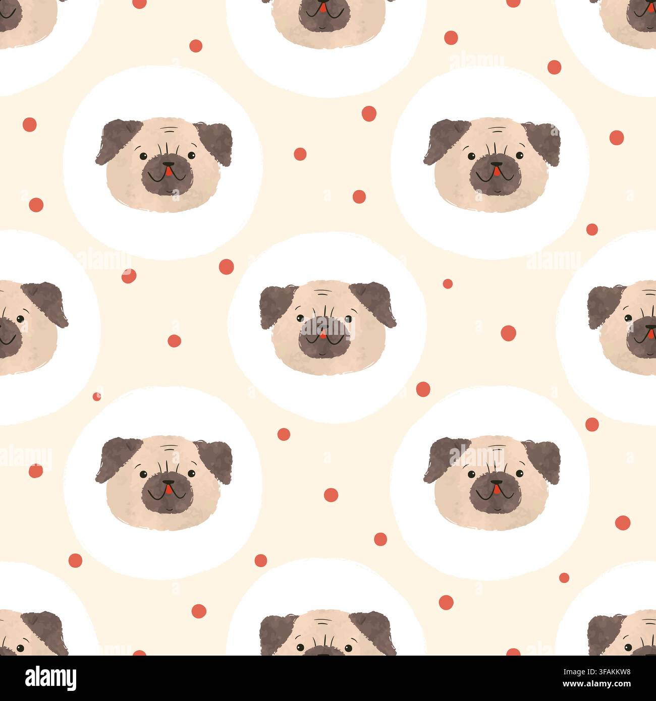 Cute pug puppy faces seamless pattern. Vector dog illustration Stock Vector