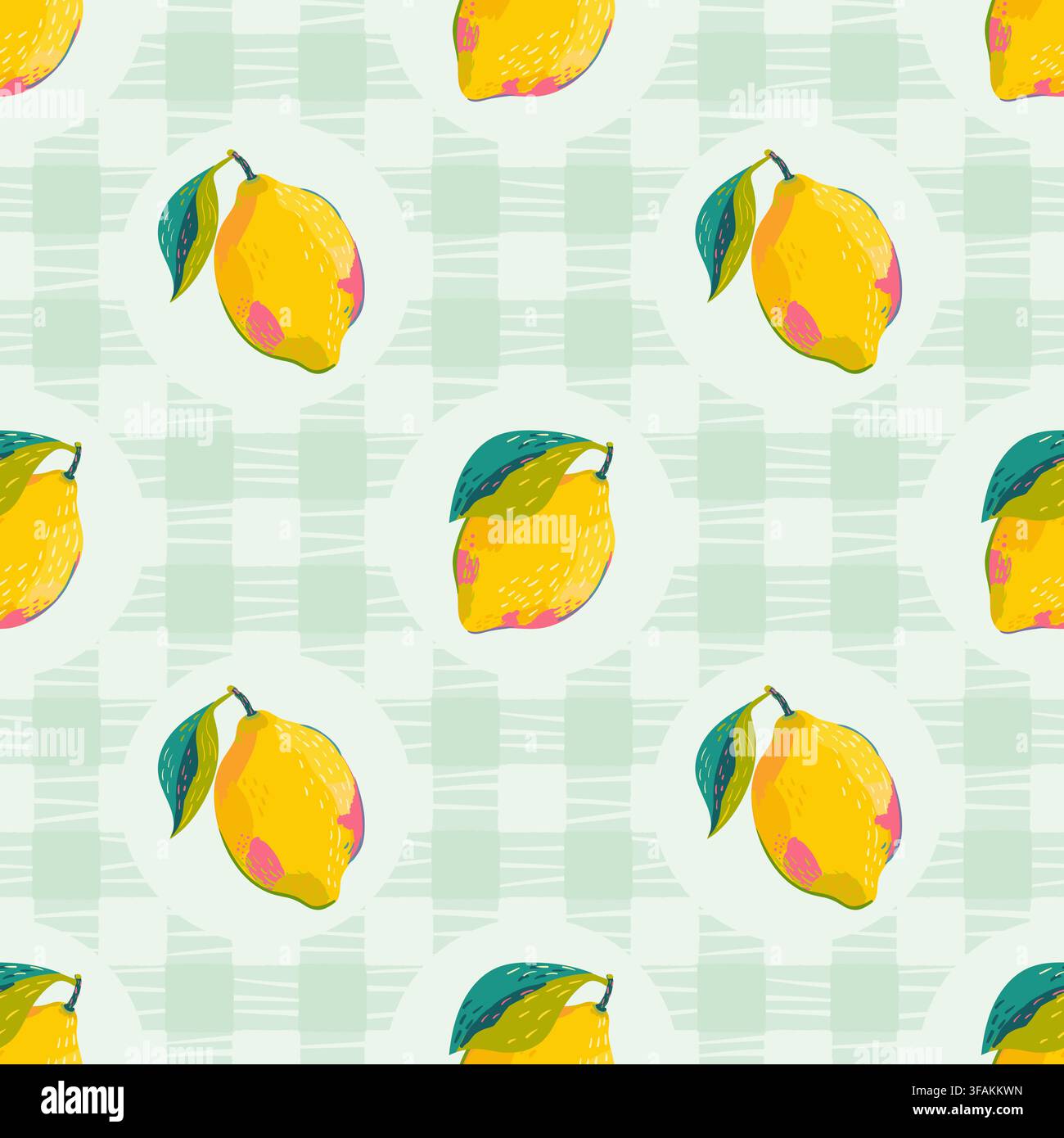 Hand drawn lemons pattern. Vector checkered print with fruits Stock Vector