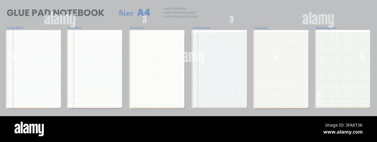 Set of six A4 white glue pad sheets presenting ruled, dotted, graph, cross plus engineering layouts on a dark gray backdrop. For printable stationery collections, school worksheets or technical pages Stock Vector