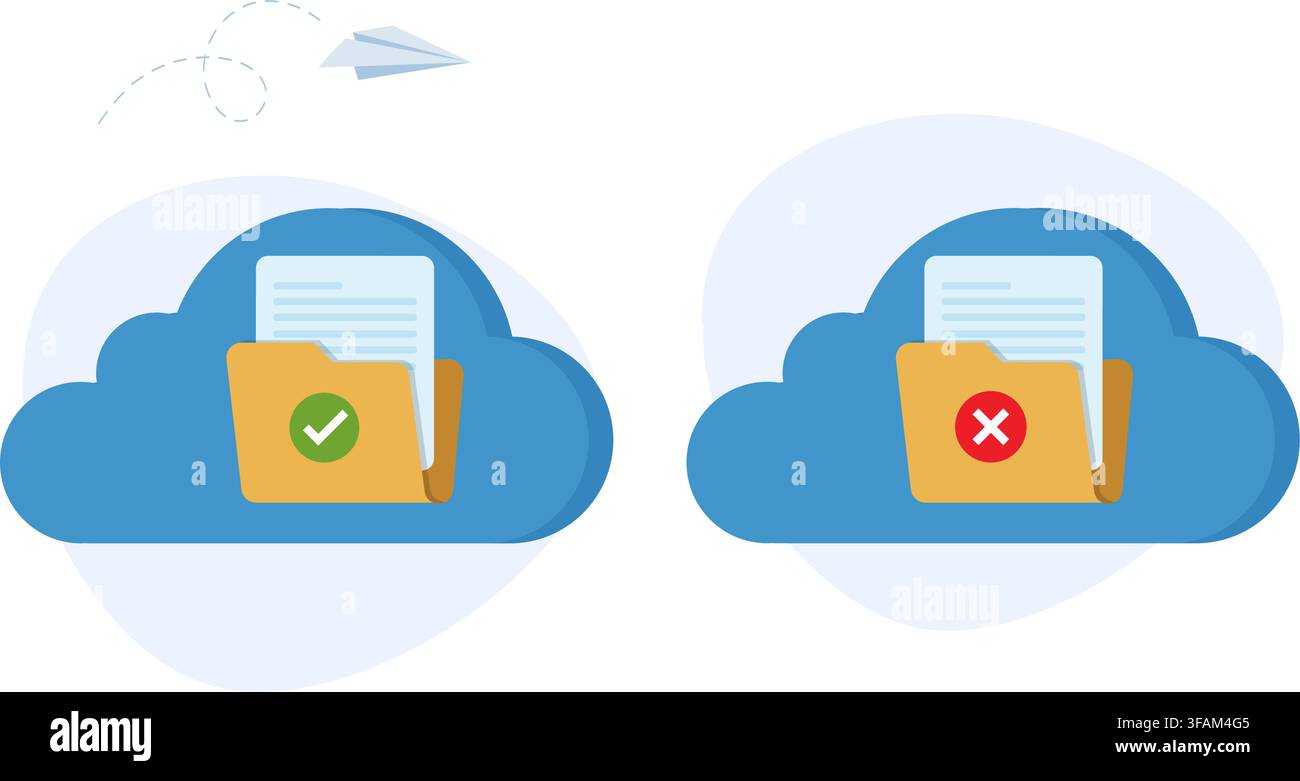 cloud storage folders displaying file approval checkmark and rejection cross status during server sync process. Stock Vector
