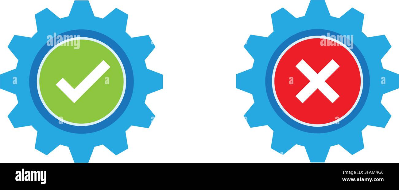gear icons representing check mark and cross mark to show user approval rejection settings status and system validation Stock Vector