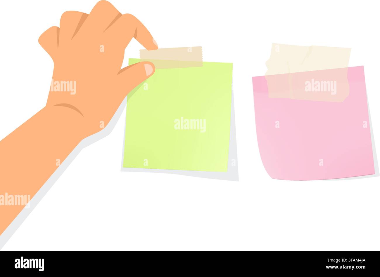 hand sticking note paper with tape on surface for writing memo reminder task list office planning schedule organization Stock Vector