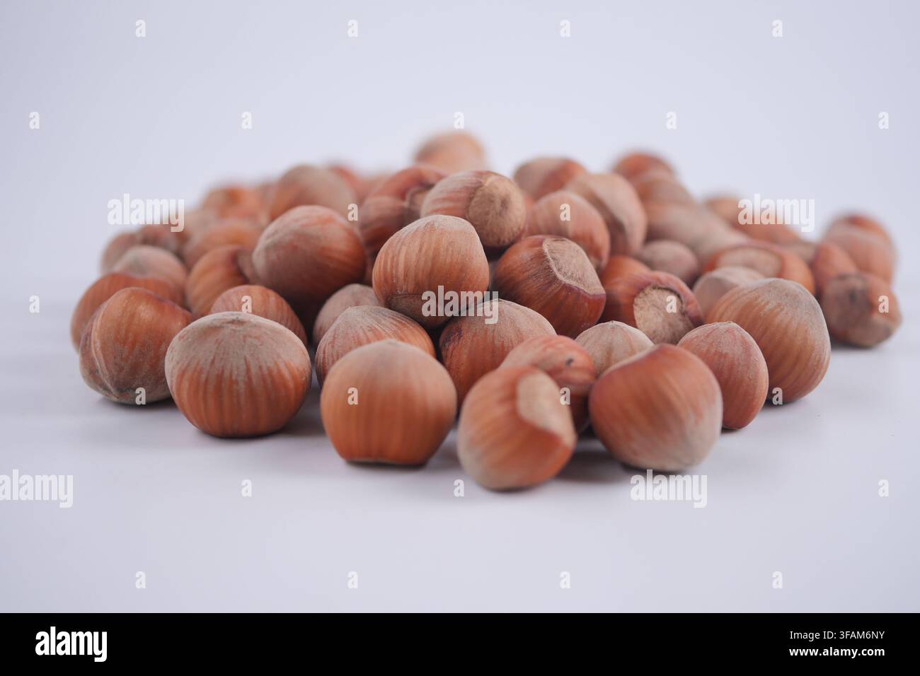 Hazelnuts placed on a white surface in a casual setting Stock Photo