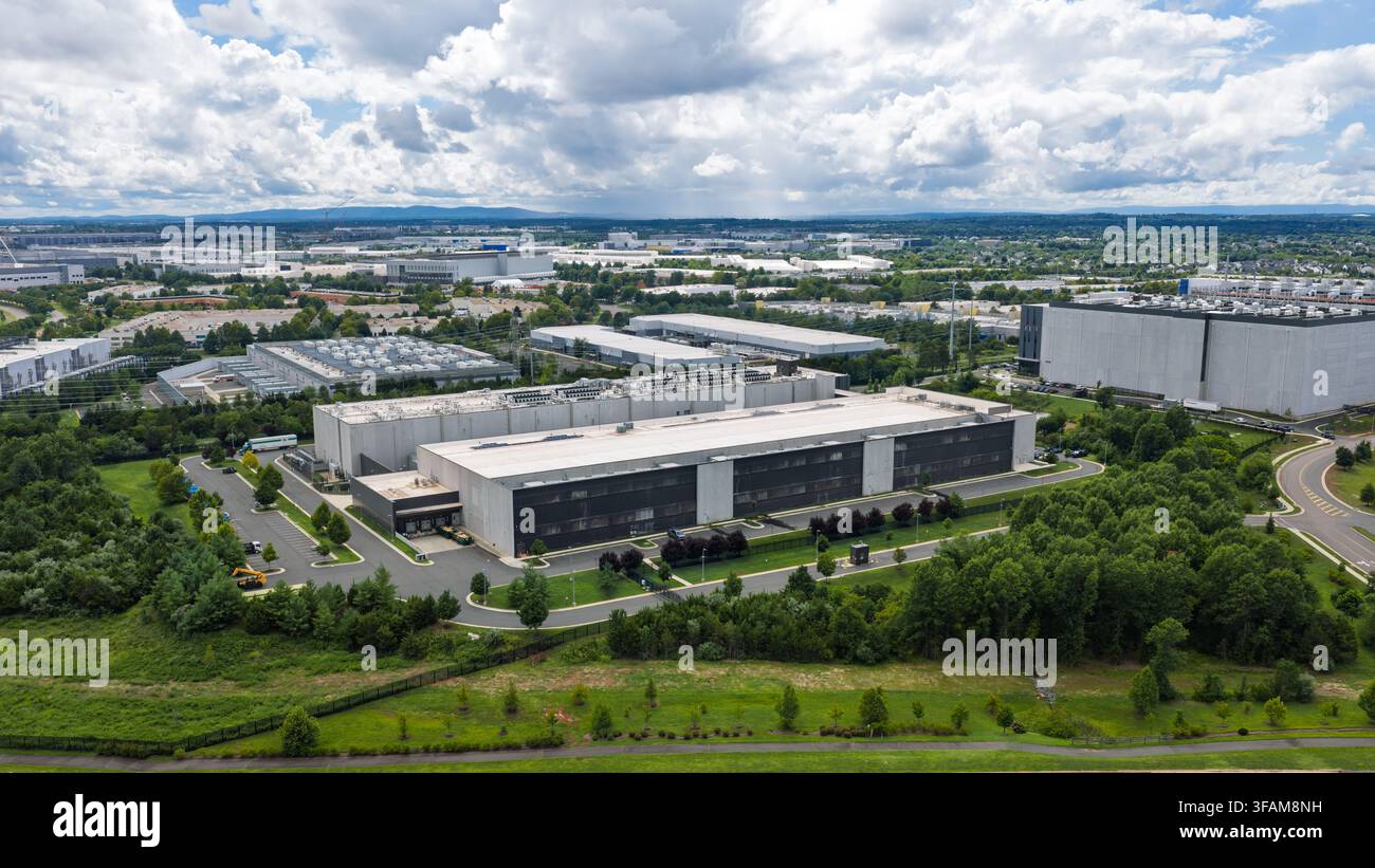 Aerial view showing large data center buildings providing cloud computing infrastructure Stock Photo