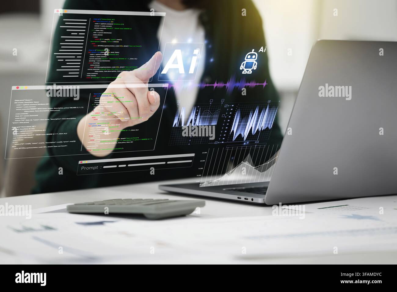 Korean Businesswoman Using an Artificial Intelligence Programming Interface on a Laptop Stock Photo