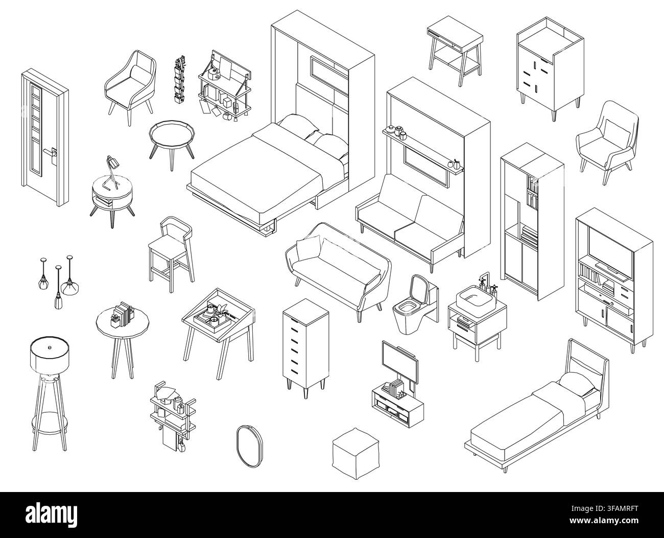 Interior objects set with contour line drawings of furniture including bed, sofa, chairs, tables, and cupboards on white background. Isometric view Stock Vector