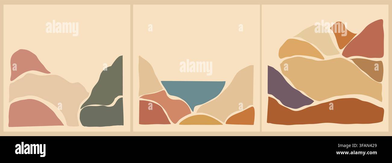 Soft hues paint three abstract mountain scenes Stock Vector