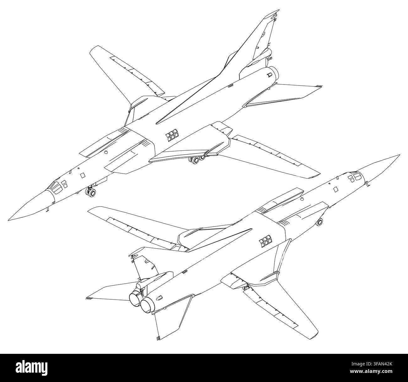 Two fighter jets in black and white contour illustration, featuring unique designs with detailed wings, engines, and military aircraft features. Stock Vector