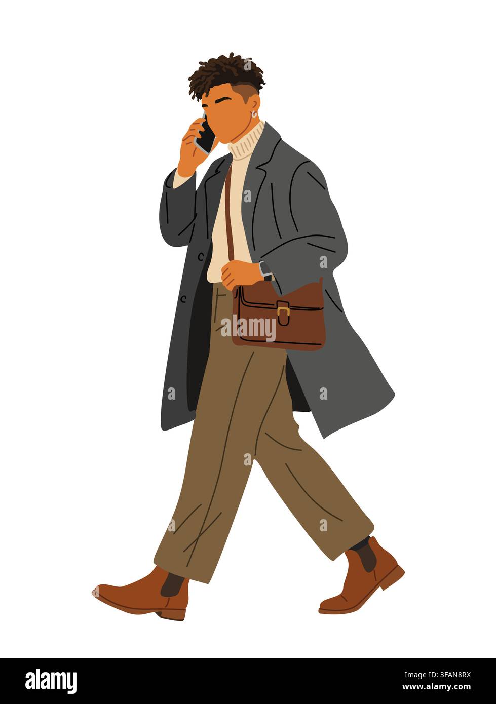 Black Man walks while talking on phone. Stock Vector