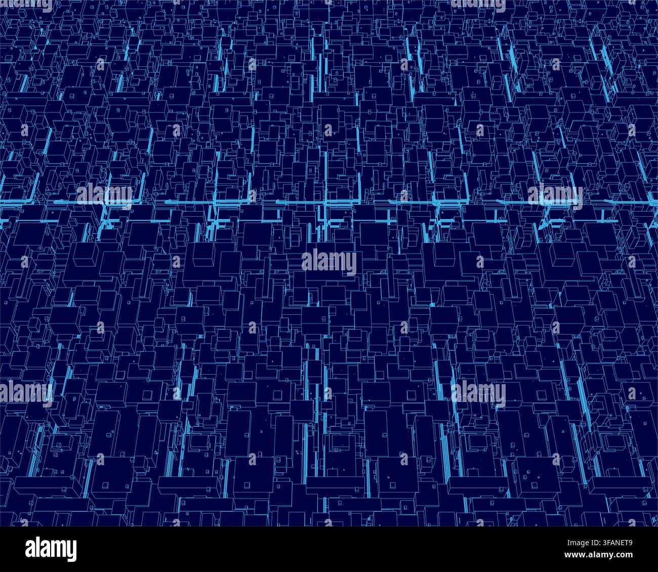 Abstract wireframe cubes form a grid pattern on a blue background, featuring squares of varying sizes and light to dark shades for a futuristic, techn Stock Vector