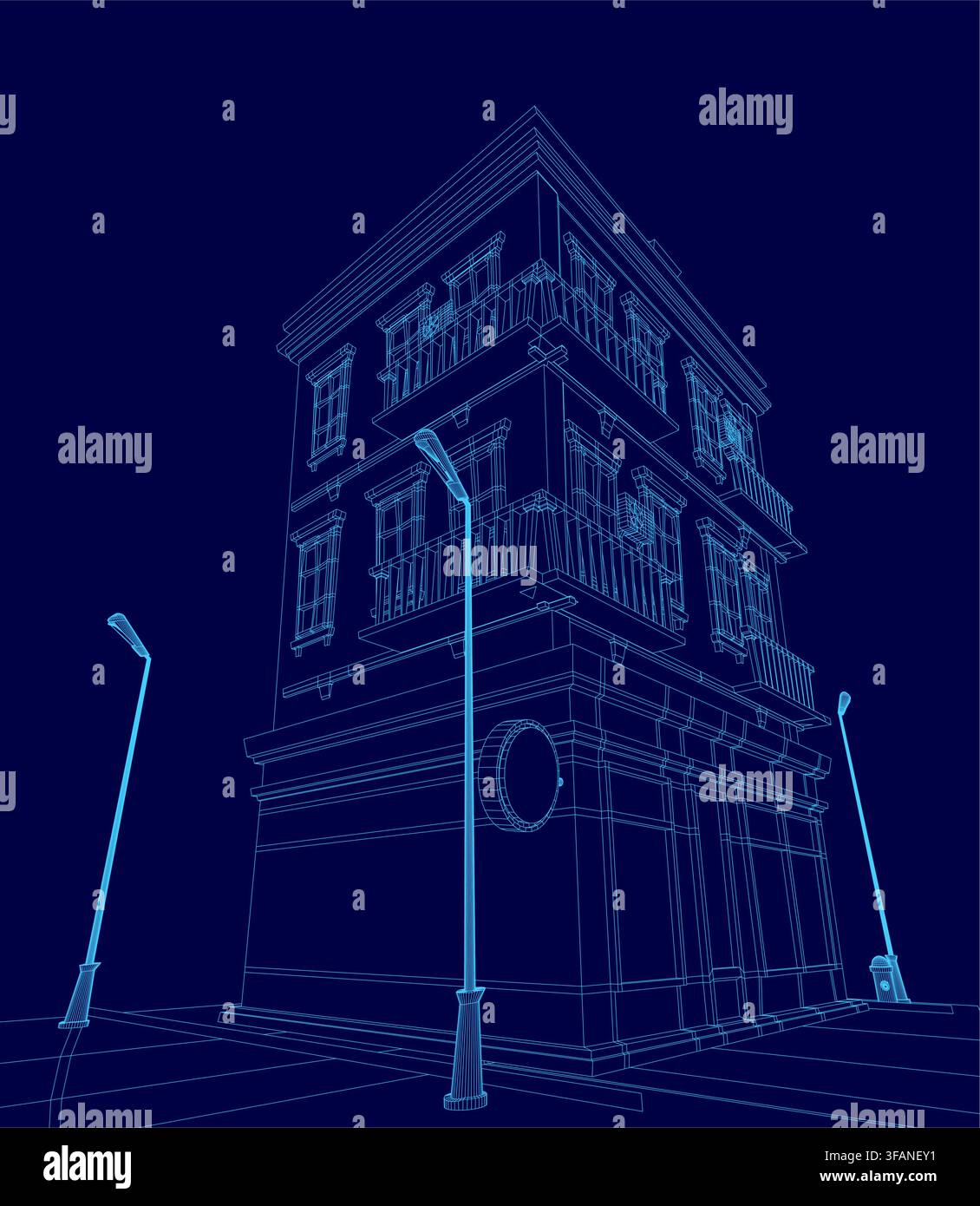 Low poly house model with wireframe structure and street lights, set against a solid blue background. Stock Vector