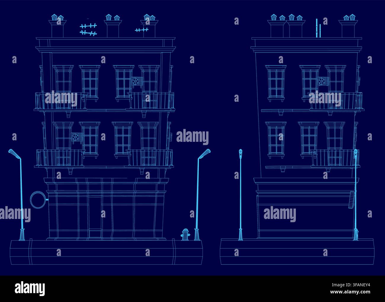Low poly wireframe house blueprint with numerous windows, street lights, and a fire hydrant on a solid blue background. Stock Vector