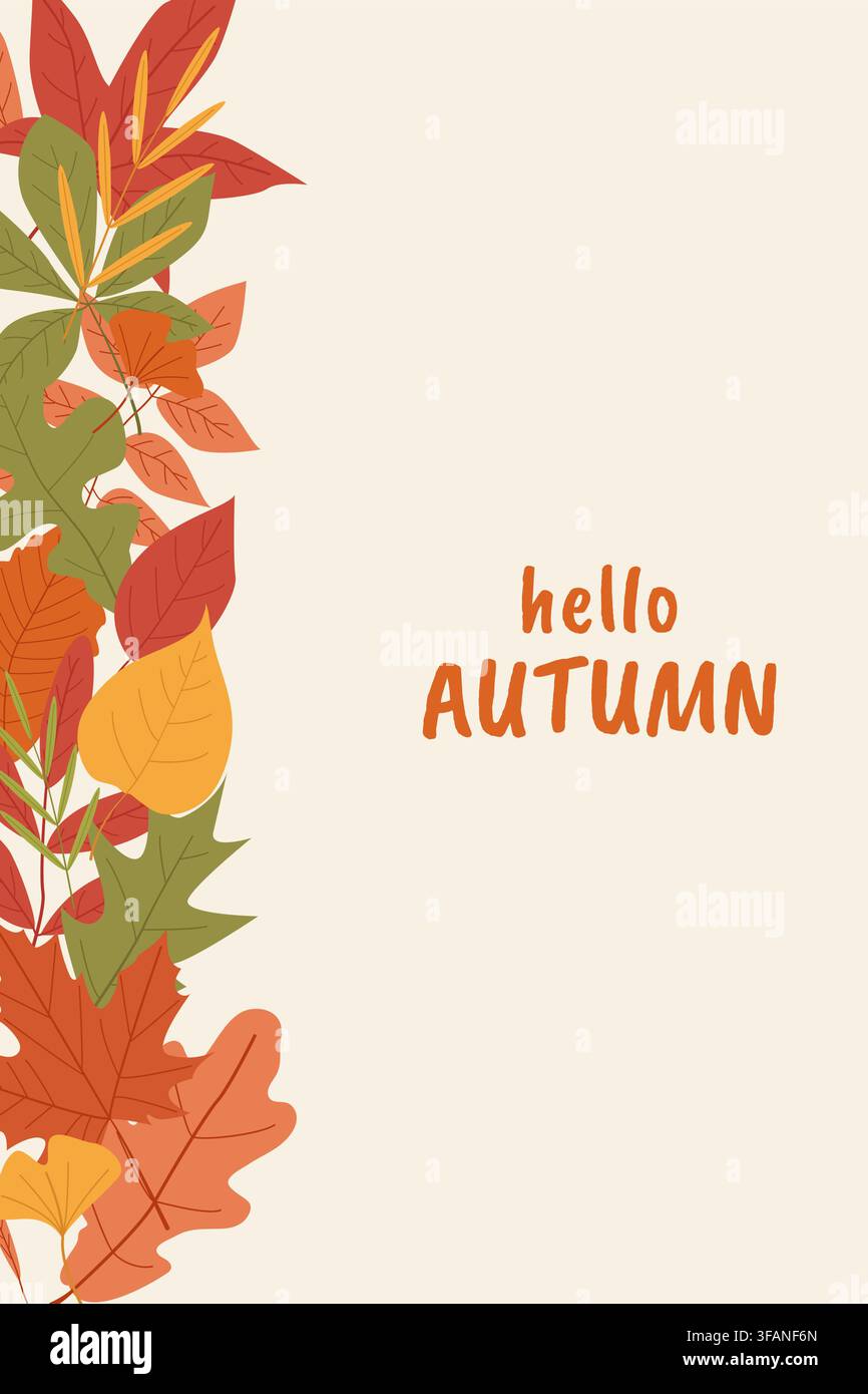 Autumn greeting card with hello AUTUMN text in orange handwritten font, decorated with colorful leaves in red, orange, yellow Stock Vector