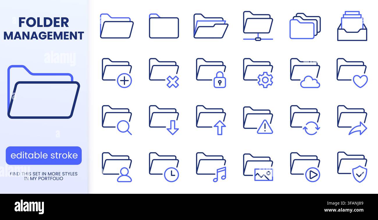 Folder line icons set. File management cloud storage, cyber security shield, open project, share portfolio flat minimal vector illustration. Simple Stock Vector